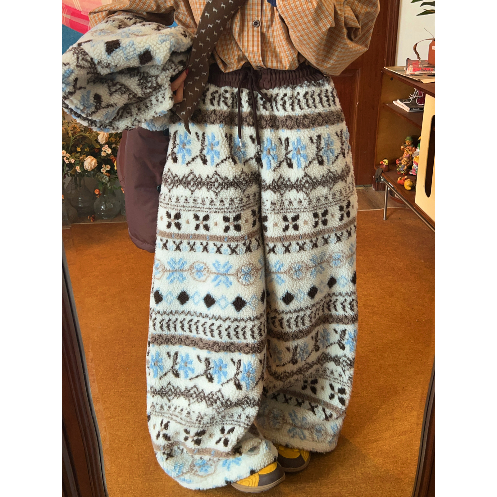 C2自制/费尔岛羊羔毛休闲裤女冬季新款宽松保暖宽松休闲花纹长裤