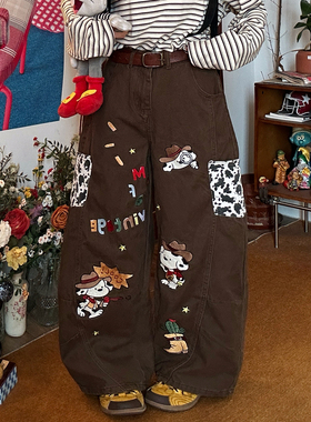 C2自制/美式复古风卡通刺绣牛仔裤女百搭宽松阔腿裤长裤