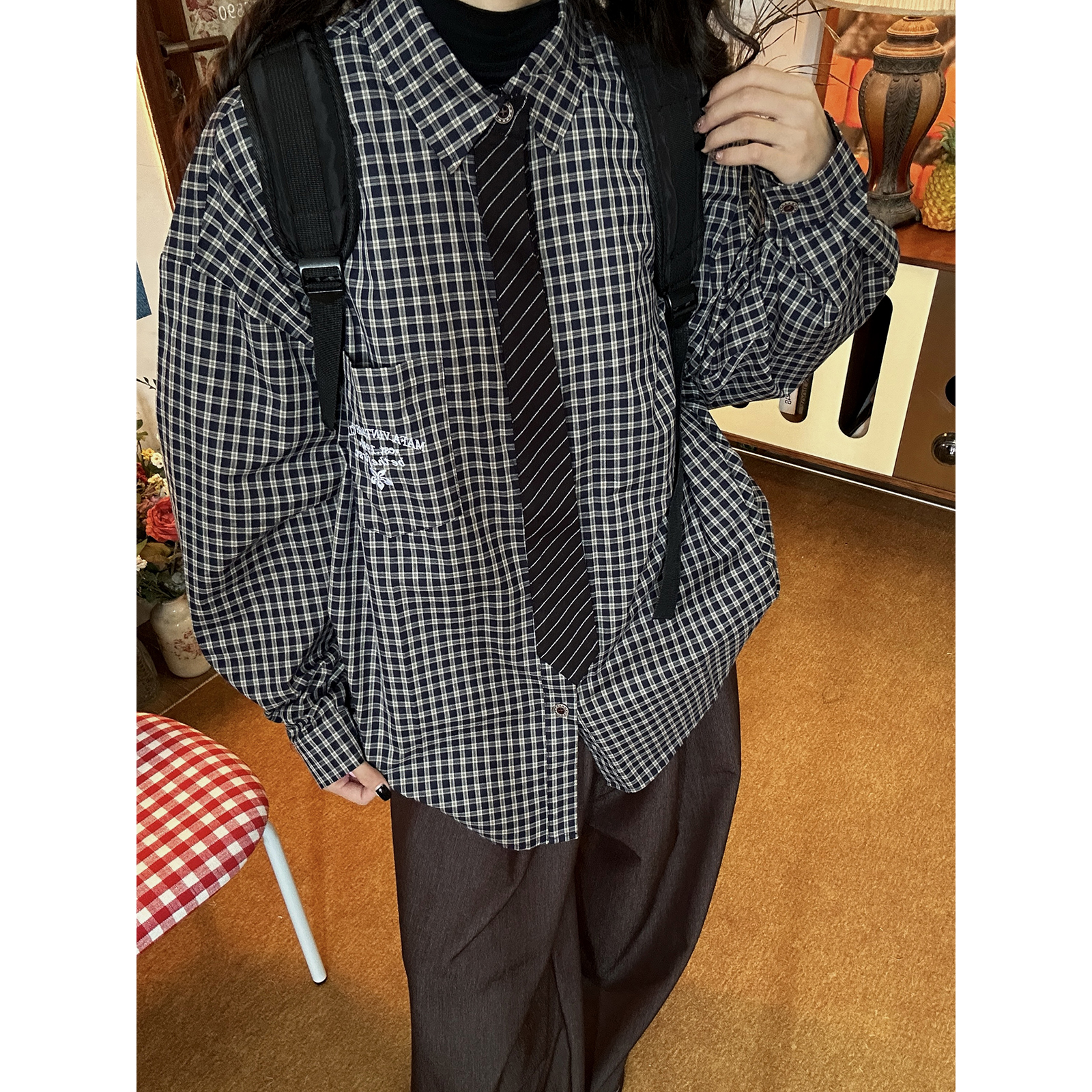 C2自制/日系宽松设计感格子衬衫男女同款秋款翻领休闲百搭上衣潮