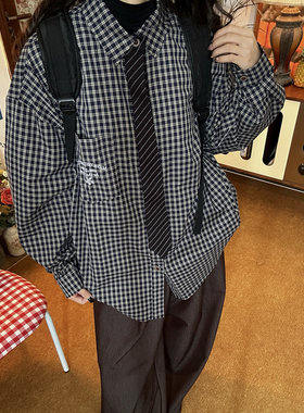 C2自制/日系宽松设计感格子衬衫男女同款秋款翻领休闲百搭上衣潮