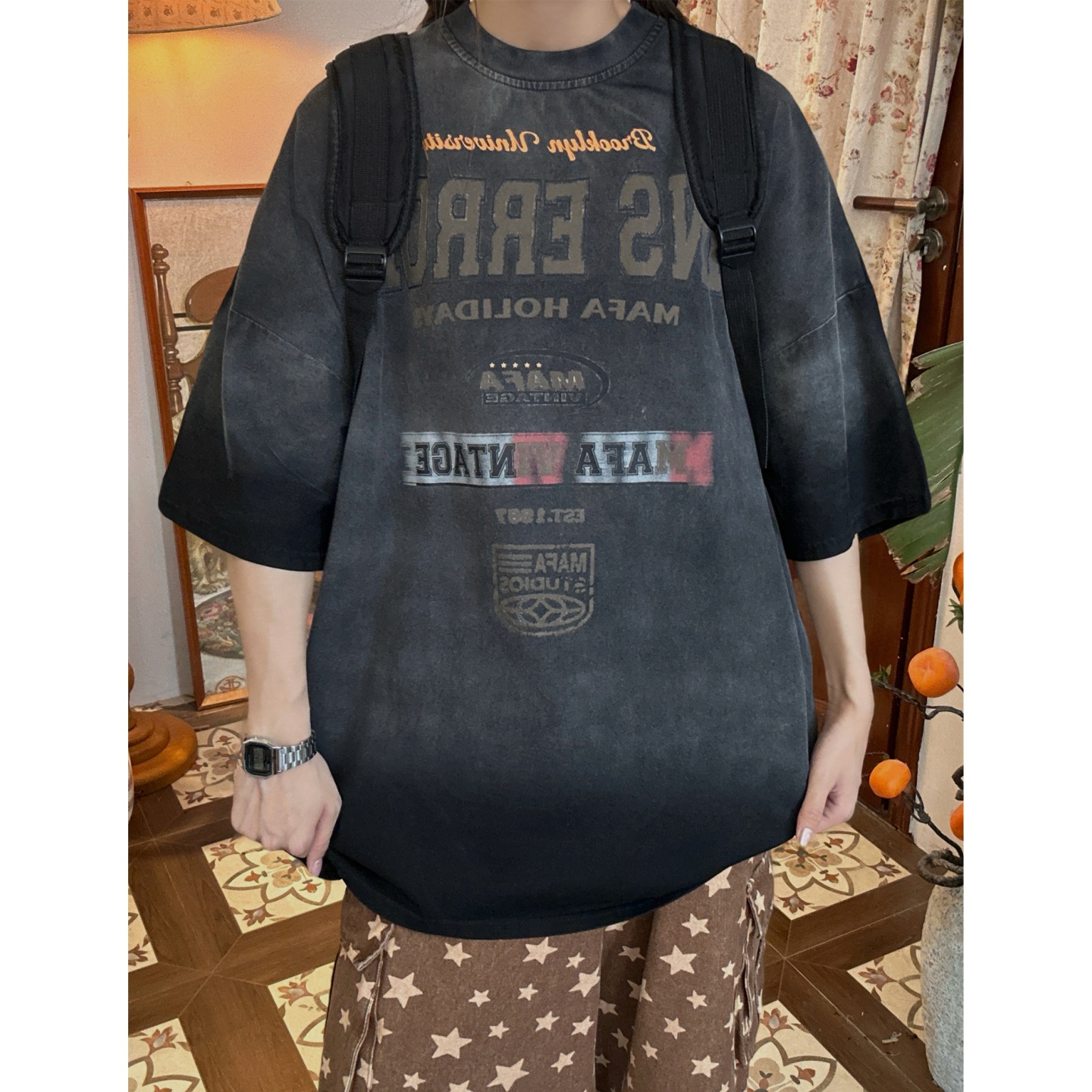 C2自制/美式复古做旧情侣水洗宽松短袖t恤夏装bf风古着oversize潮