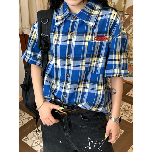 C2自制/美式复古撞色格子短袖衬衫男女同款宽松百搭宽松翻领上衣