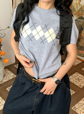 【新品买二送一】学院风菱格纹短袖针织衫女灰色复古上衣短袖t恤