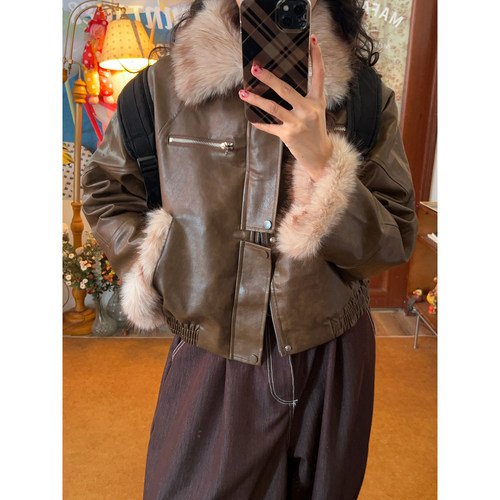 C2自制/美式复古大毛领皮衣棉服男女冬季新款保暖加绒短款外套潮