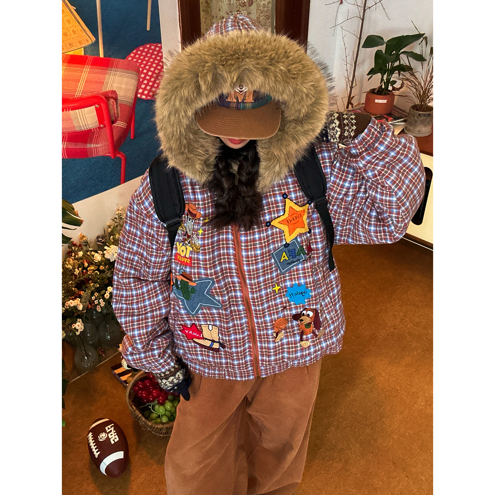 C2自制 /卡通风刺绣大毛领连帽格子棉服男女同款冬季新款百搭外套