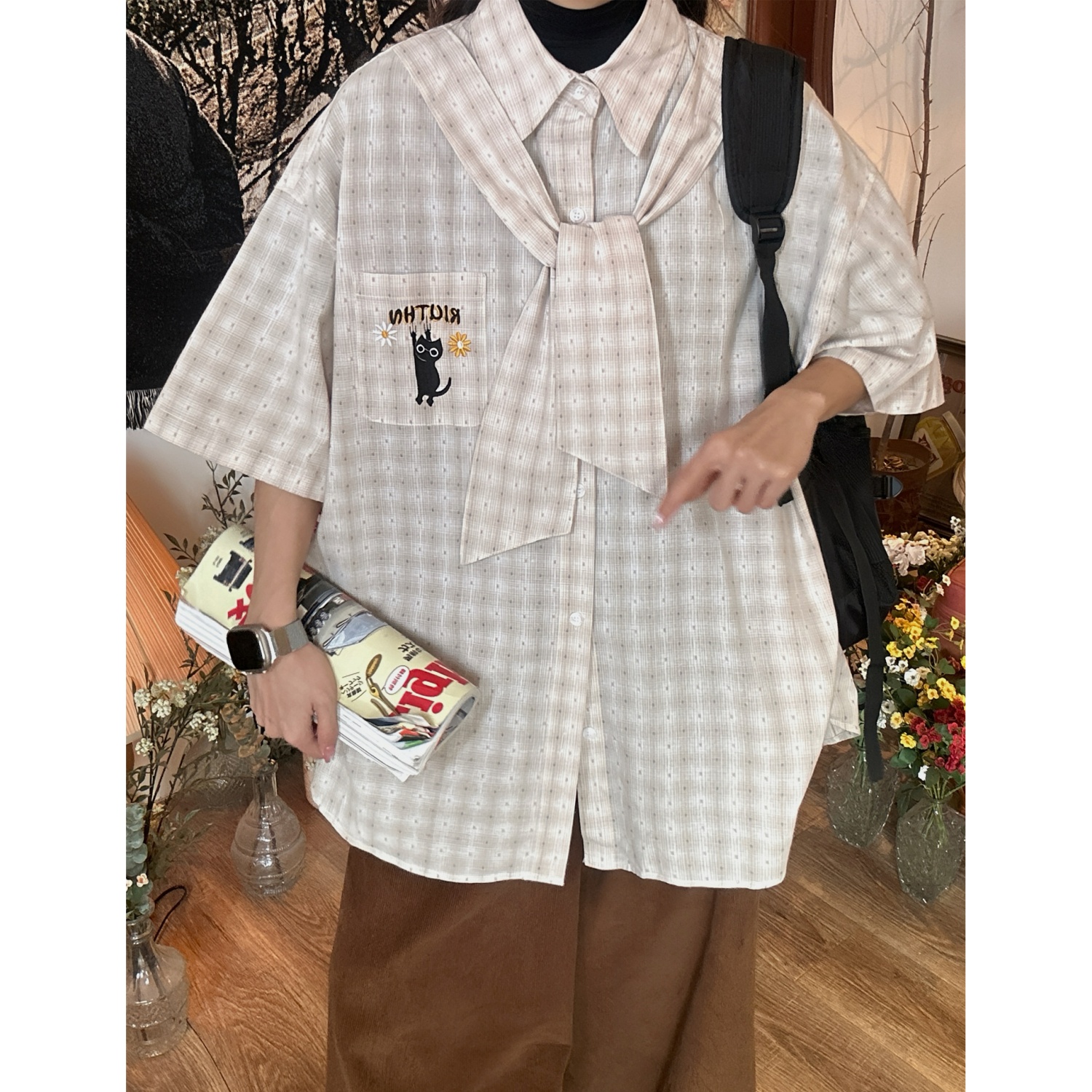 C2自制/美式复古领结格子衬衫女学院风猫咪格纹宽松短袖上衣潮牌