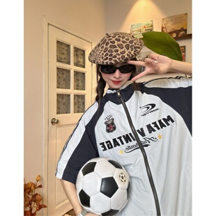 C2自制/美式复古字母刺绣立领短袖薄外套女夏季宽松运动上衣潮ins