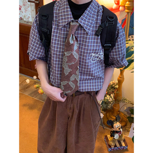 C2自制/复古学院风翻领格子衬衫男女百搭宽松短袖上衣26夏款新款