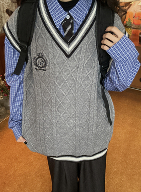 C2自制/学院风撞色v领毛衣马甲男女同款秋款慵懒叠穿针织衫上衣