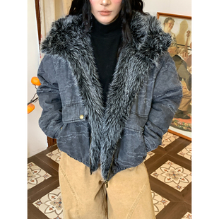 C2自制/美式复古大毛领座山雕棉服男女加厚保暖短款外套秋冬新款