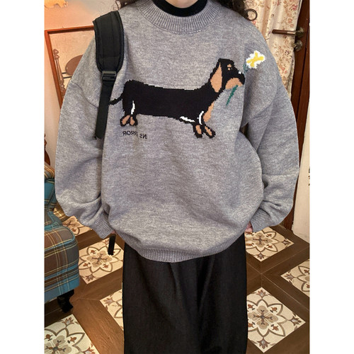 C2自制/腊肠狗提花圆领毛衣秋冬新款宽松套头针织衫男女同款百搭