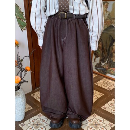 C2自制/高色牢度日系垂感宽松直筒复古收褶休闲牛仔裤男女秋长裤