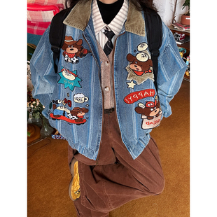 宽松翻领夹克上衣春款 复古卡通刺绣牛仔外套男女同款 美式 C2自制