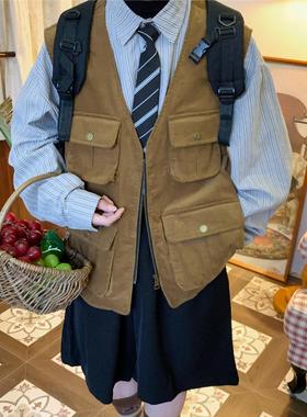 C2自制/日系vintage复古马甲户外多口袋工装上衣百搭灯芯绒马夹潮