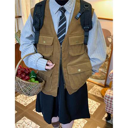 C2自制/日系vintage复古马甲户外多口袋工装上衣百搭灯芯绒马夹潮