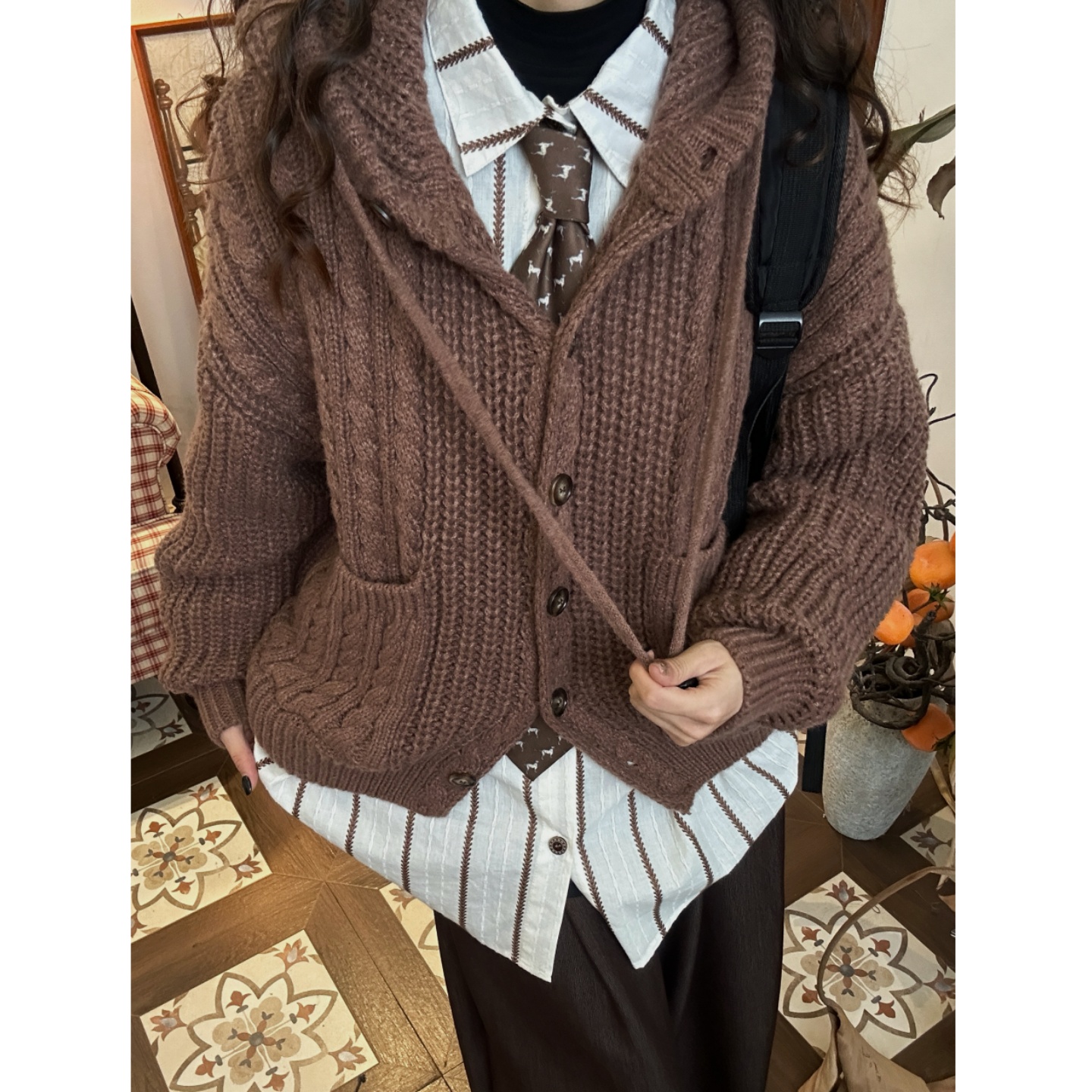 C2自制/秋季新款慵懒风麻花连帽毛衣女秋冬新款宽松加厚针织开衫