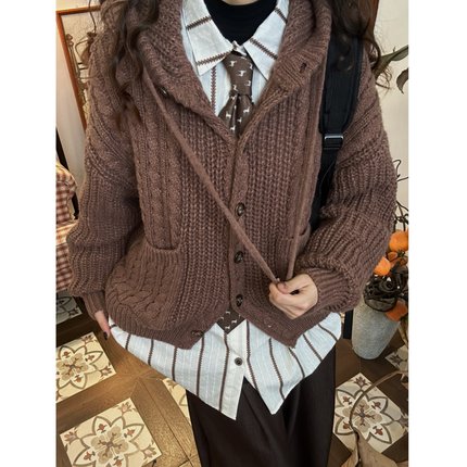 C2自制/秋季新款慵懒风麻花连帽毛衣女秋冬新款宽松加厚针织开衫