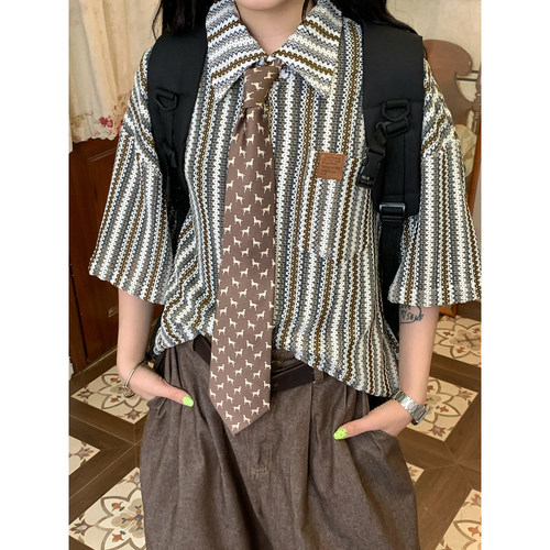 C2自制/美式复古编织条纹短袖衬衫男女同款学院风宽松百搭上衣潮