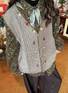 C2自制/日系复古学院风针织马甲秋季新款田园风开衫V领无袖毛衣