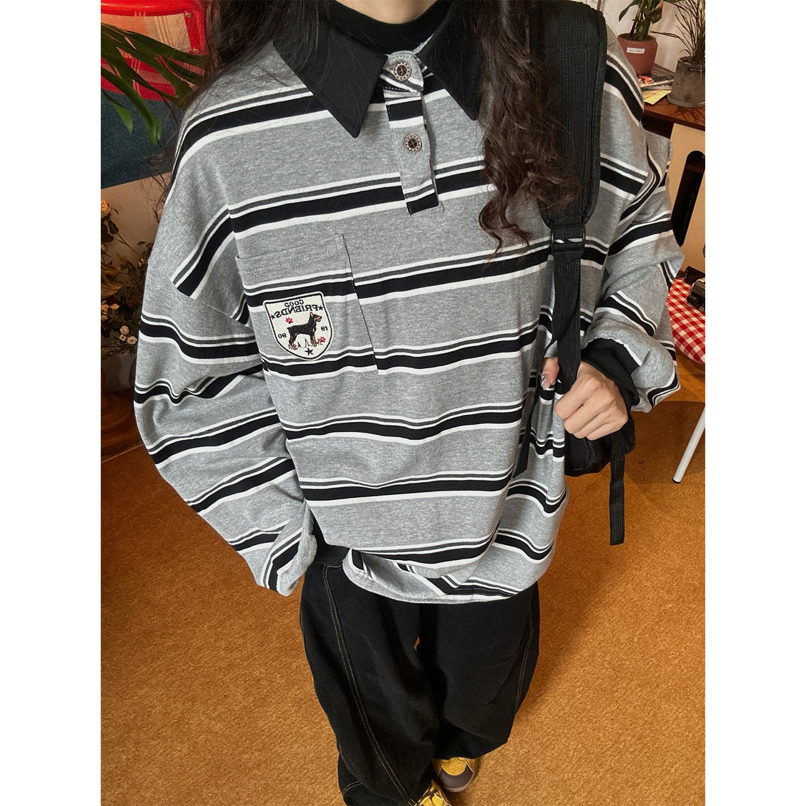 C2自制/翻领条纹长袖T恤男女同款秋冬新款POLO衫翻领休闲百搭上衣,女装/女士精品,POLO衫,淘宝优惠券,粉丝福利购,淘宝优惠卷