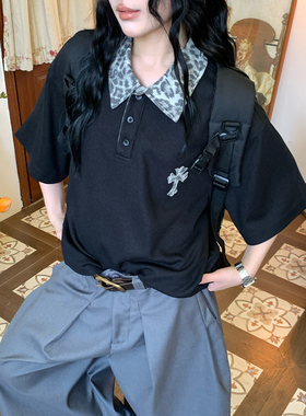 C2自制/豹纹翻领POLO衫男女短袖美式复古风宽松设计感T恤夏季新款
