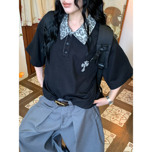 C2自制/豹纹翻领POLO衫男女短袖美式复古风宽松设计感T恤夏季新款