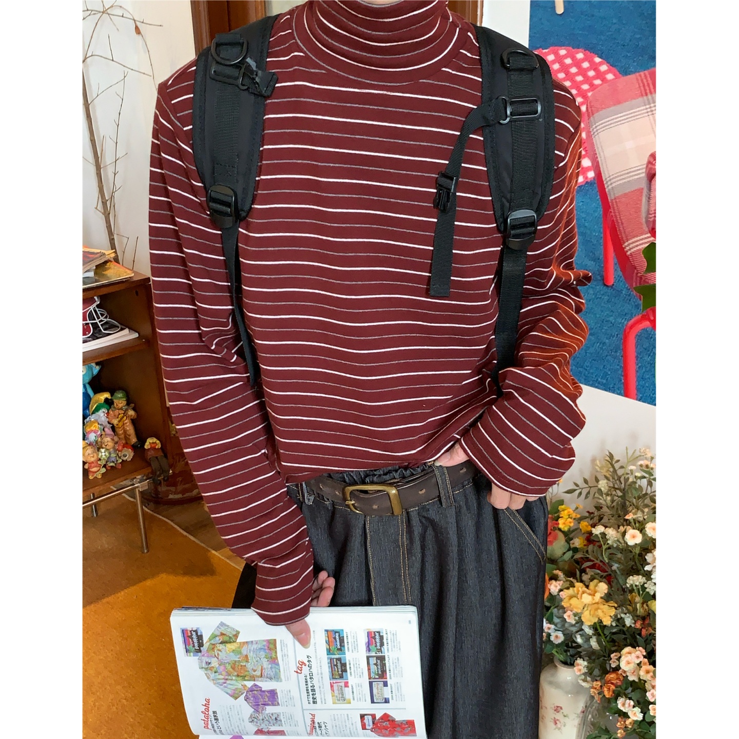 C2自制/复古条纹半高领打底衫男女同款秋冬新款内搭修身长袖上衣