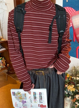 C2自制/复古条纹半高领打底衫男女同款秋冬新款内搭修身长袖上衣