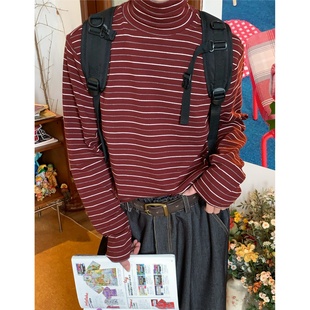 复古条纹半高领打底衫 长袖 男女同款 内搭修身 上衣 秋冬新款 C2自制