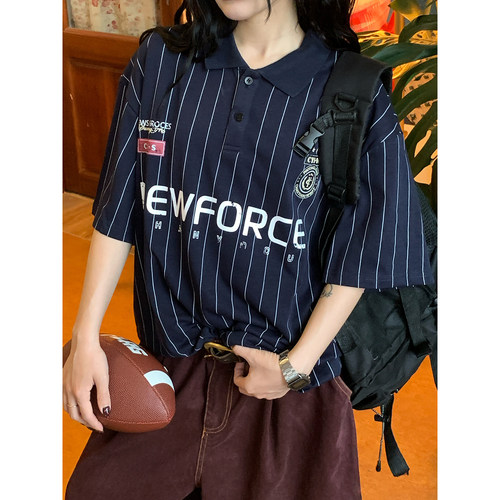 C2自制/美式复古条纹翻领短袖夏季新款polo衫男女宽松百搭休闲T恤