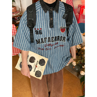 字母印花宽松上衣 T恤男女同款 C2自制 字母刺绣复古条纹POLO领短袖