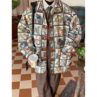 国潮新款 复古宽松外套2025秋季 宽松街头夹克 猫咪提花美式 C2自制