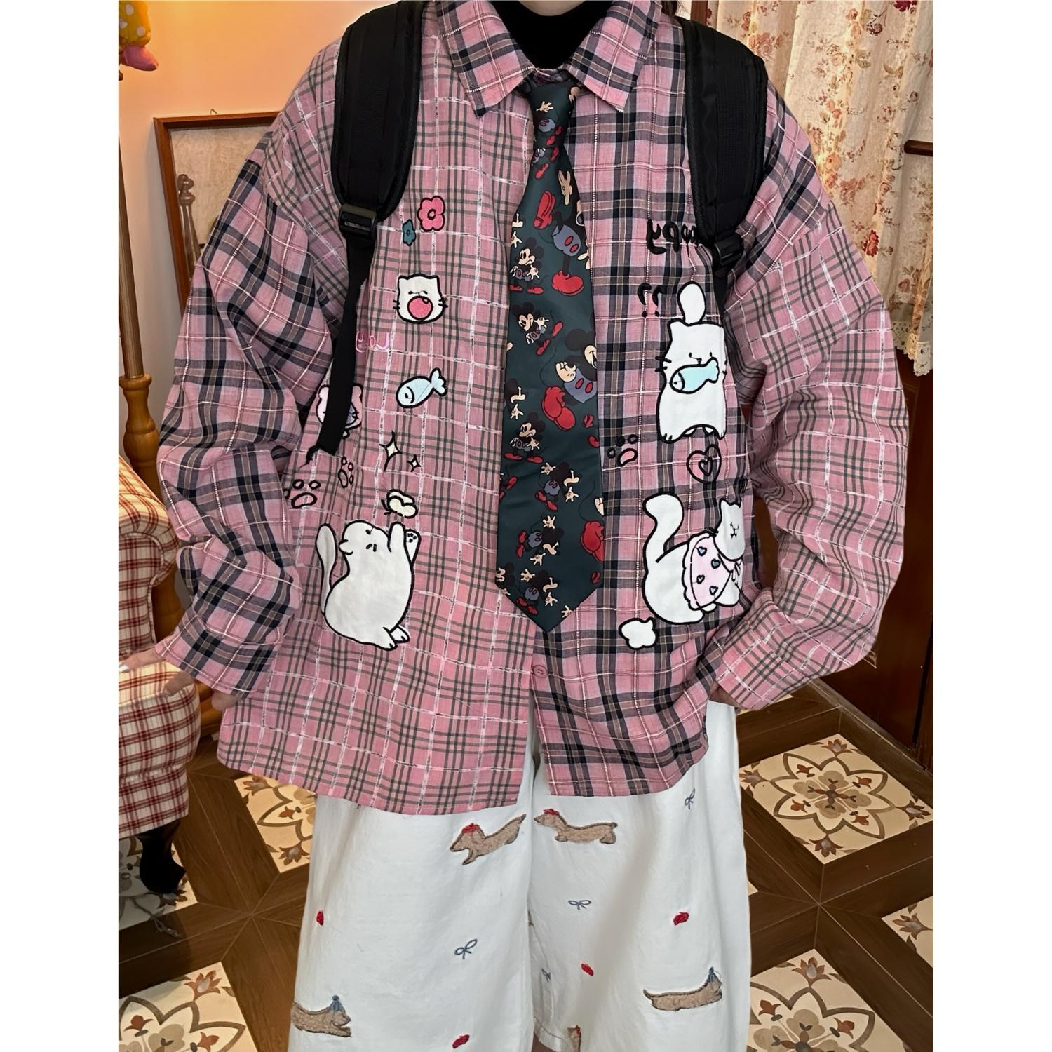 C2自制/日系复古卡通猫咪刺绣衬衣情侣春秋拼接格子粉色长袖衬衫