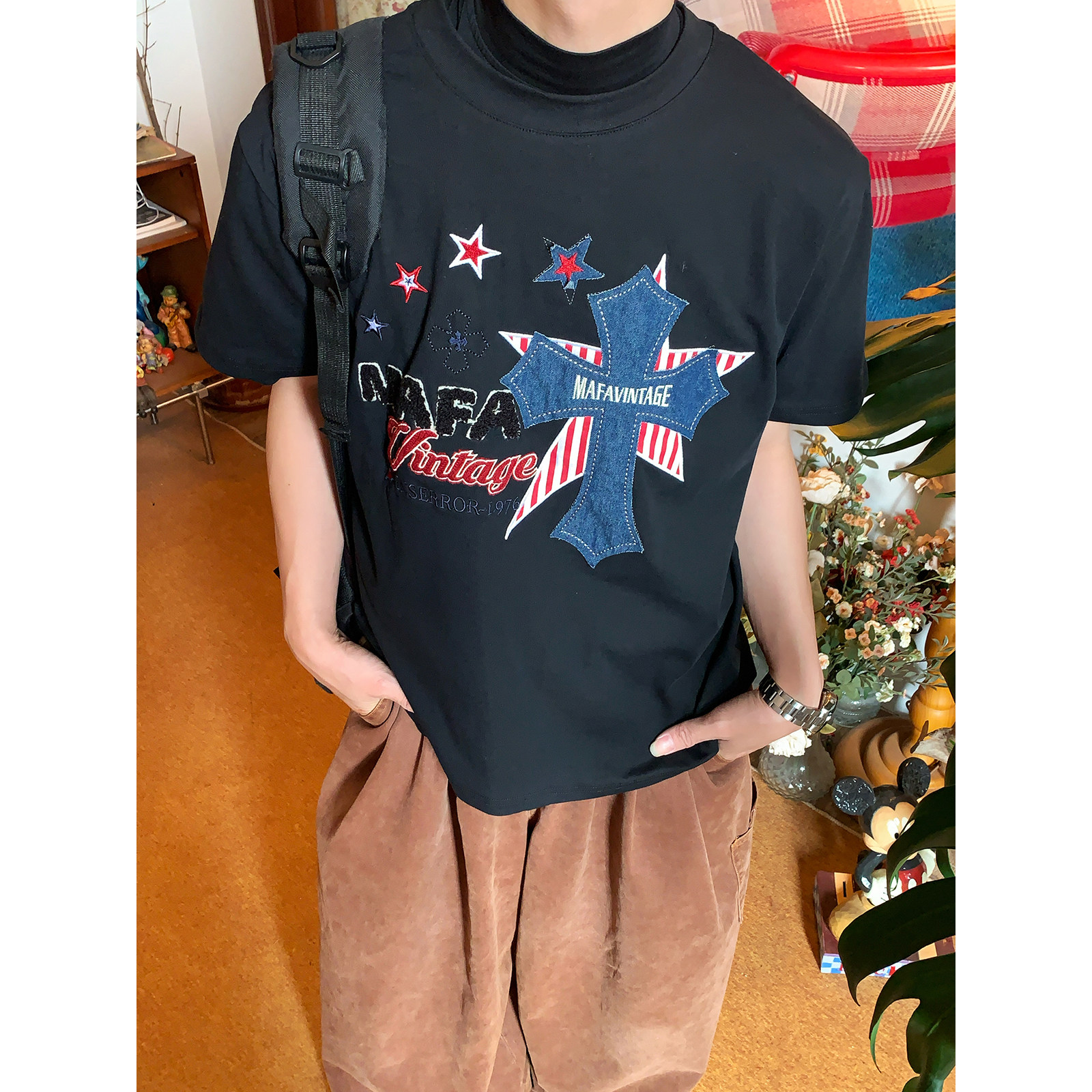 C2自制/美式复古植绒绣短袖T恤男女同款26年夏季新款宽松圆领上衣