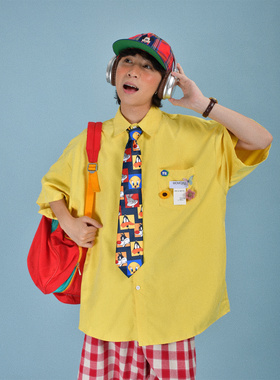 C2自制/奶黄色短袖衬衫女夏季复古宽松韩版上衣超火半袖衬衣学生