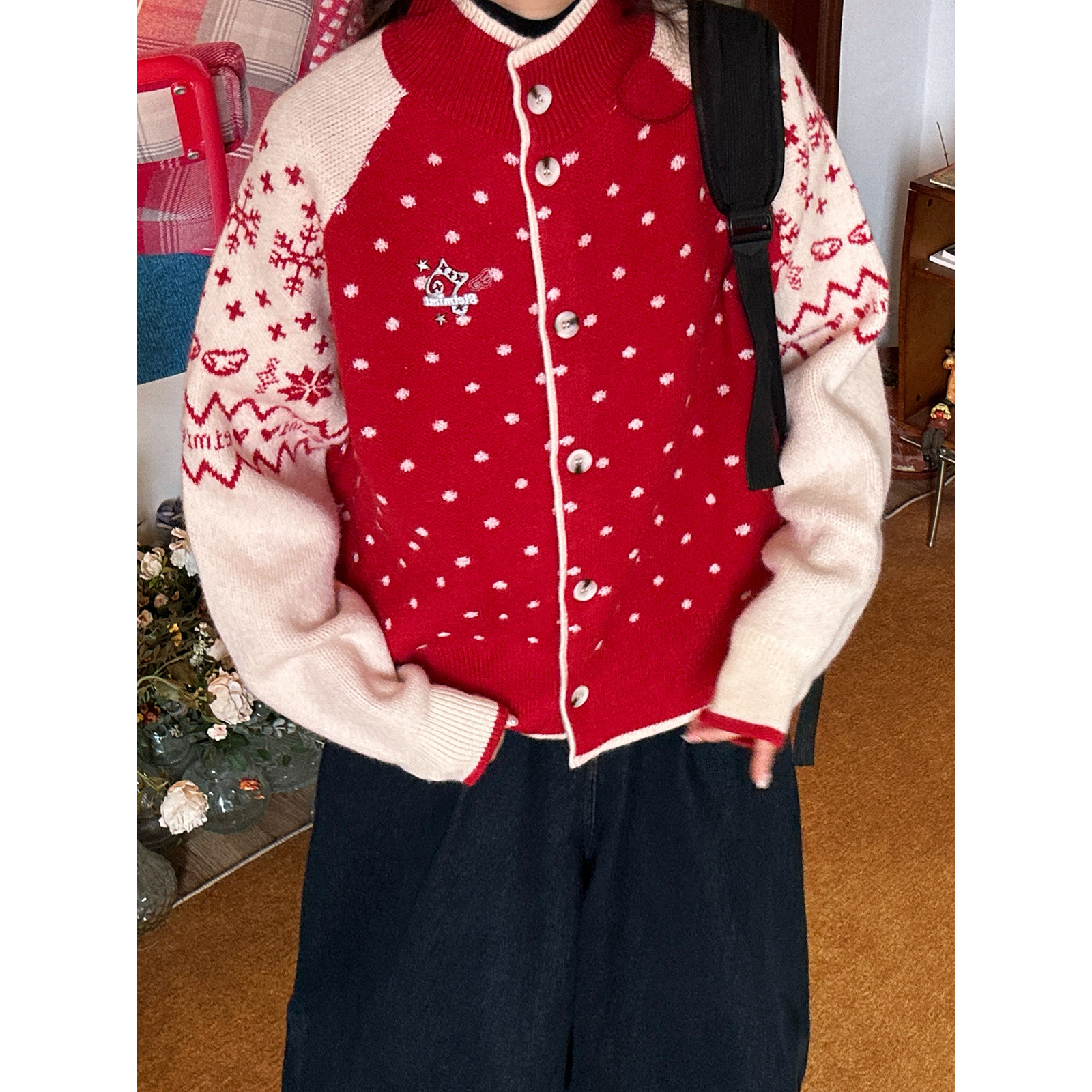 【新品买二送一】费尔岛圣诞雪花波点针织衫毛衣女冬宽松百搭外套