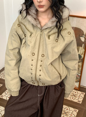 【新品买二送一】美式复古毛领派克棉服男女宽松加厚工装棉衣外套