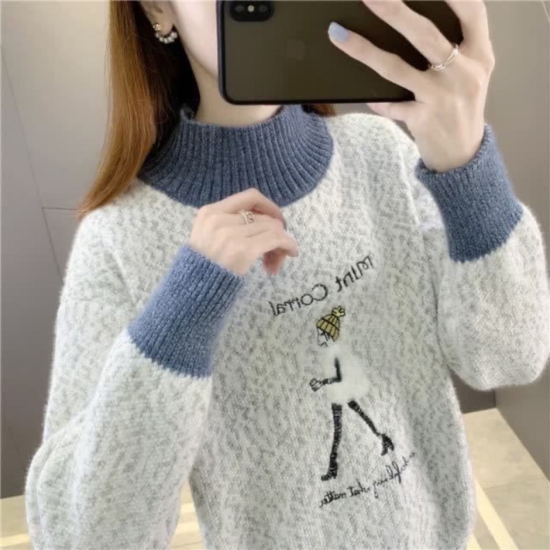 雪尼尔套头半高领加绒保暖毛衣女