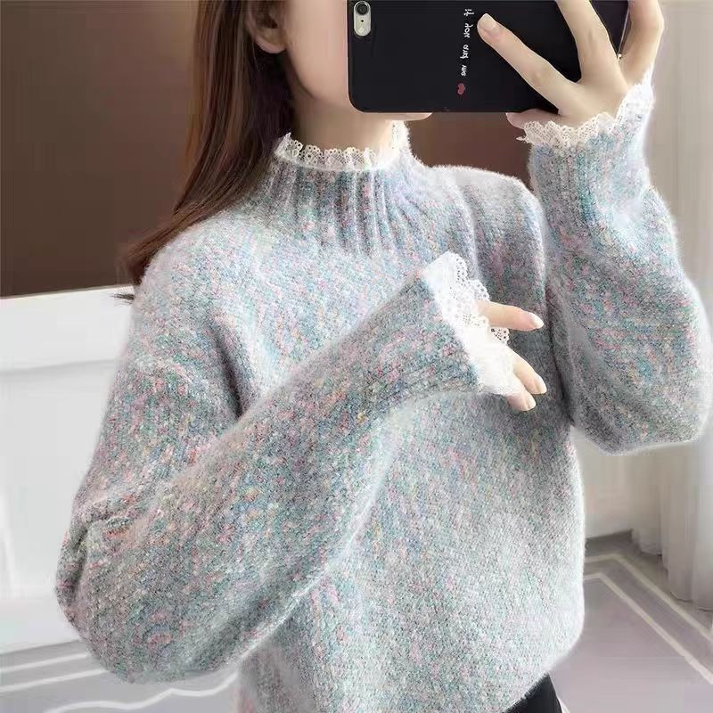 加绒加厚毛衣女秋冬季半高领蕾丝