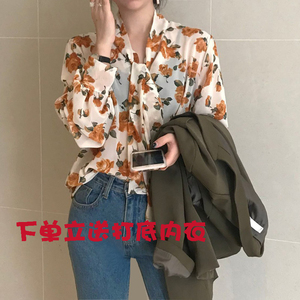 复古港风玫瑰碎花衬衫雪纺长袖上衣百搭春夏新款百搭蝴蝶结女上衣