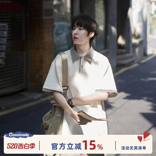 GOOZIMADE格纹翻领短袖T恤男夏