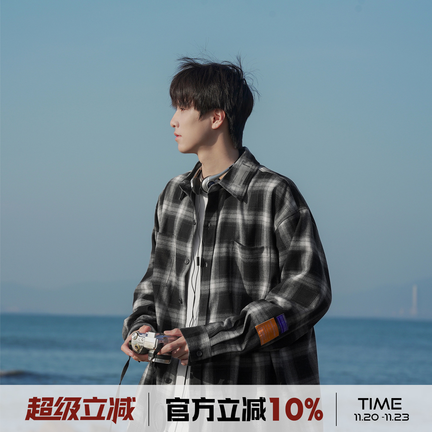 港仔文艺男黑色翻领格子长袖衬衫