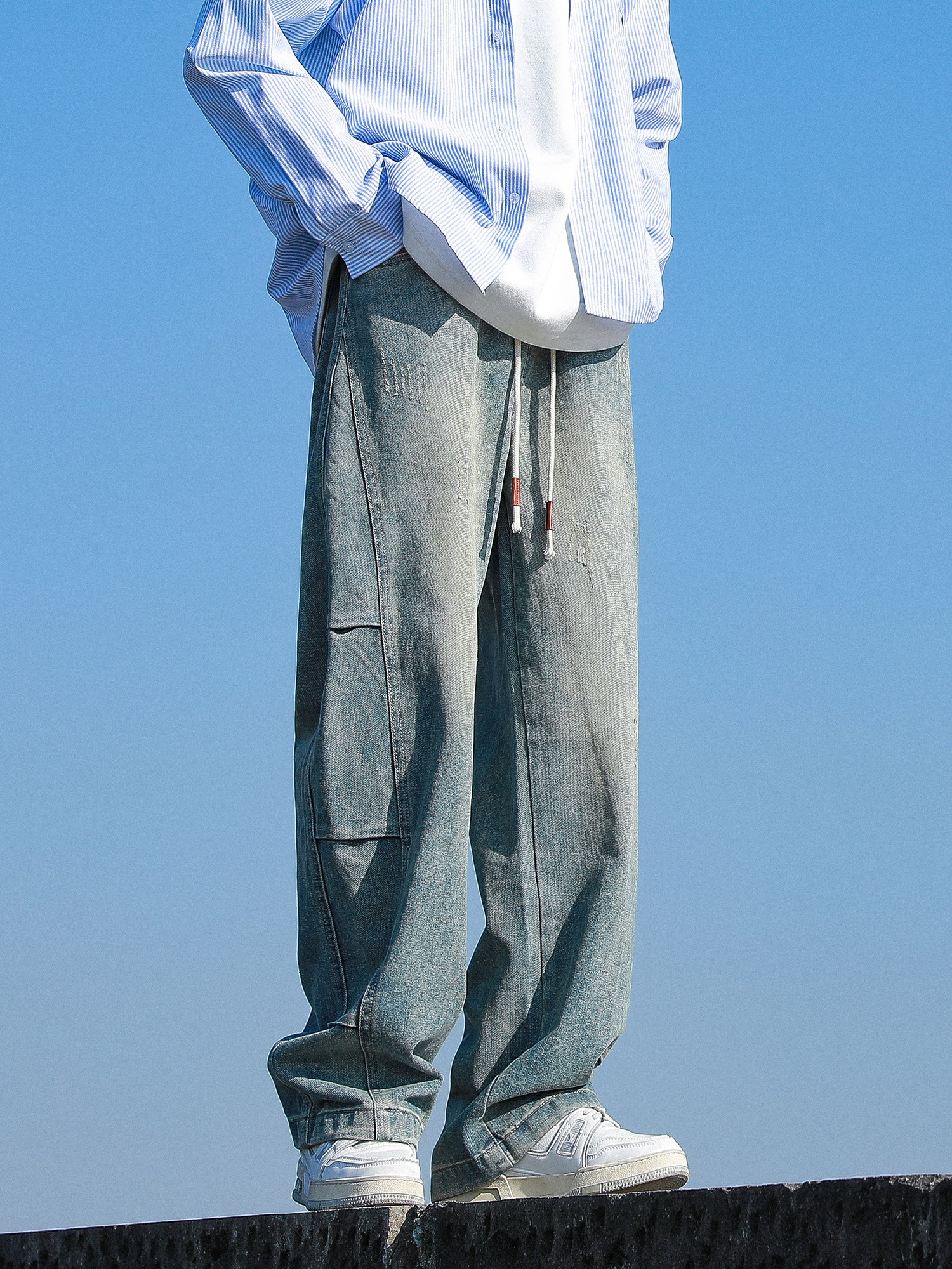 @澳?牌 문학 남성 청바지 남성 가을 겨울 플러스 벨벳 스트레이트 캐주얼 소년 가을 루즈한 와이드 팬츠 남성 모델