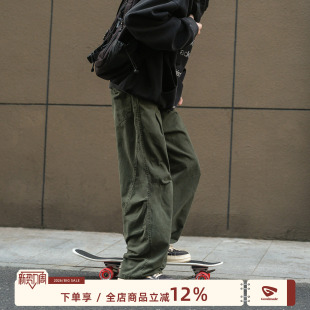 军绿色工装 直筒阔腿休闲裤 裤 宽松男生男款 子 男春季 @港仔文艺男