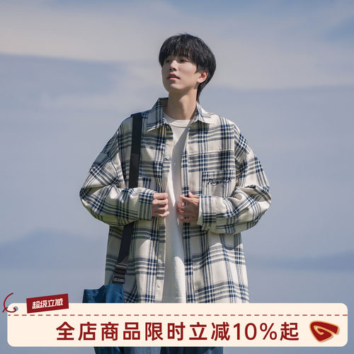 GOOZIMADE日系翻领长袖格子衬衫