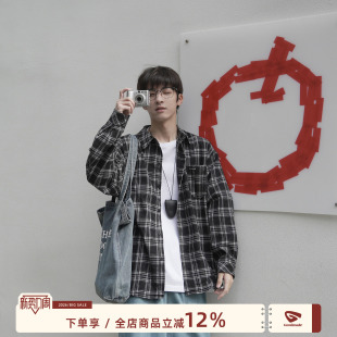 潮牌日系Cityboy百搭长袖 男春季 衬衣外套 MADE黑白格子衬衫 GOOZI