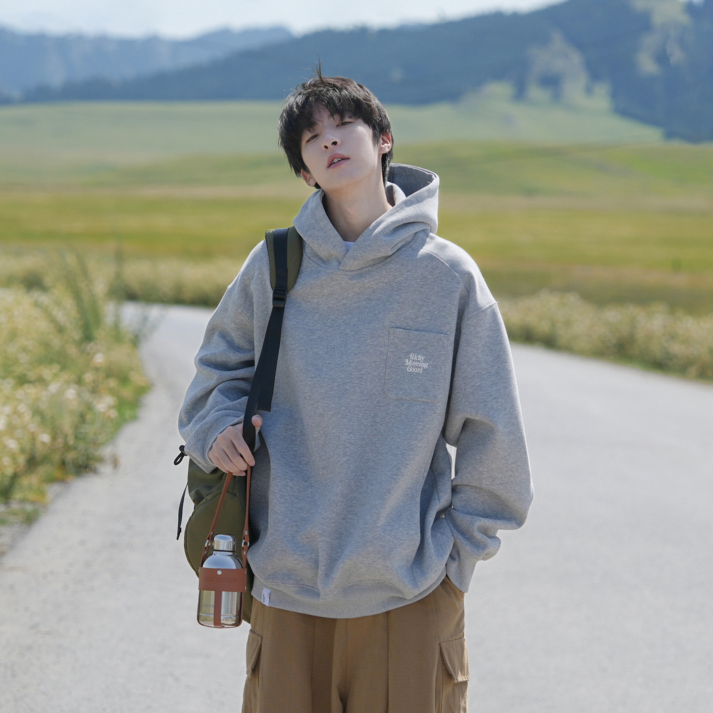 @港仔文艺男 420g重磅印花口袋连帽卫衣男秋冬款美式宽松帽衫外套