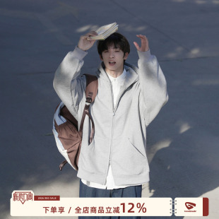 青少年廓形双拉链连帽外套 卫衣男春秋新款 GOOZI MADE重磅灰色开衫