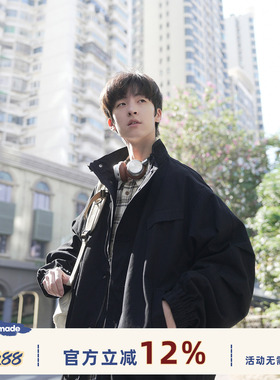 GOOZI MADE 黑色立领飞行员夹克男春季美式男生宽松短款工装外套