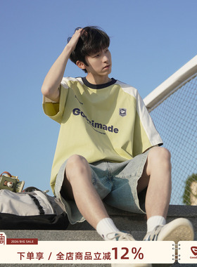 GOOZI MADE 260g重磅撞色插肩袖T恤男夏季半袖美式字母印花短袖te